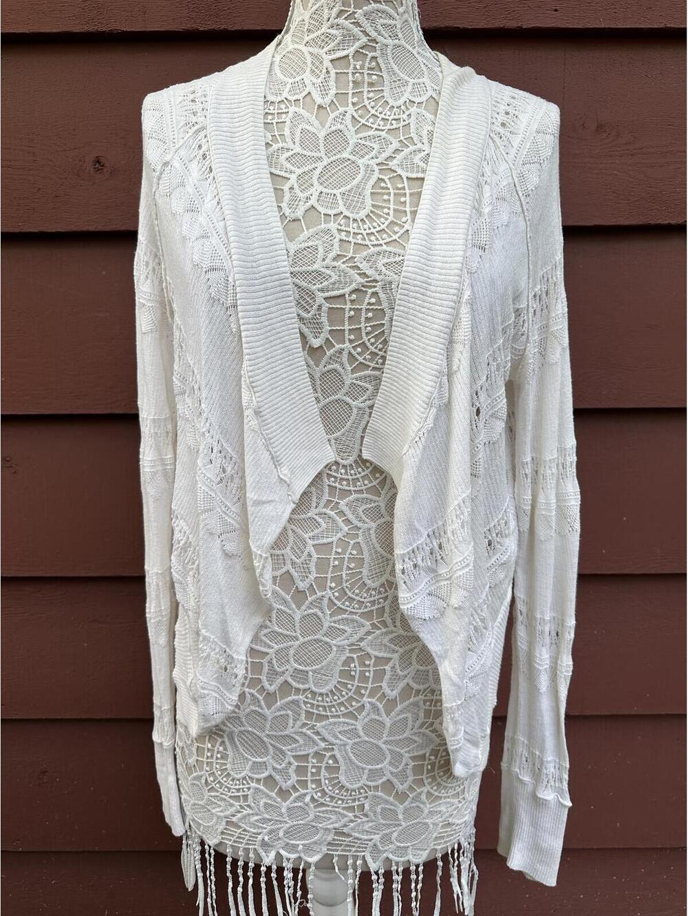 Converse One Star Cream Lace Knit Open Front Cardigan Boho Fairycore Y2K Cottage